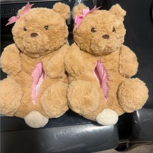 wonder nation Plush Brown Teddy Bear Slippers with Pink Accents